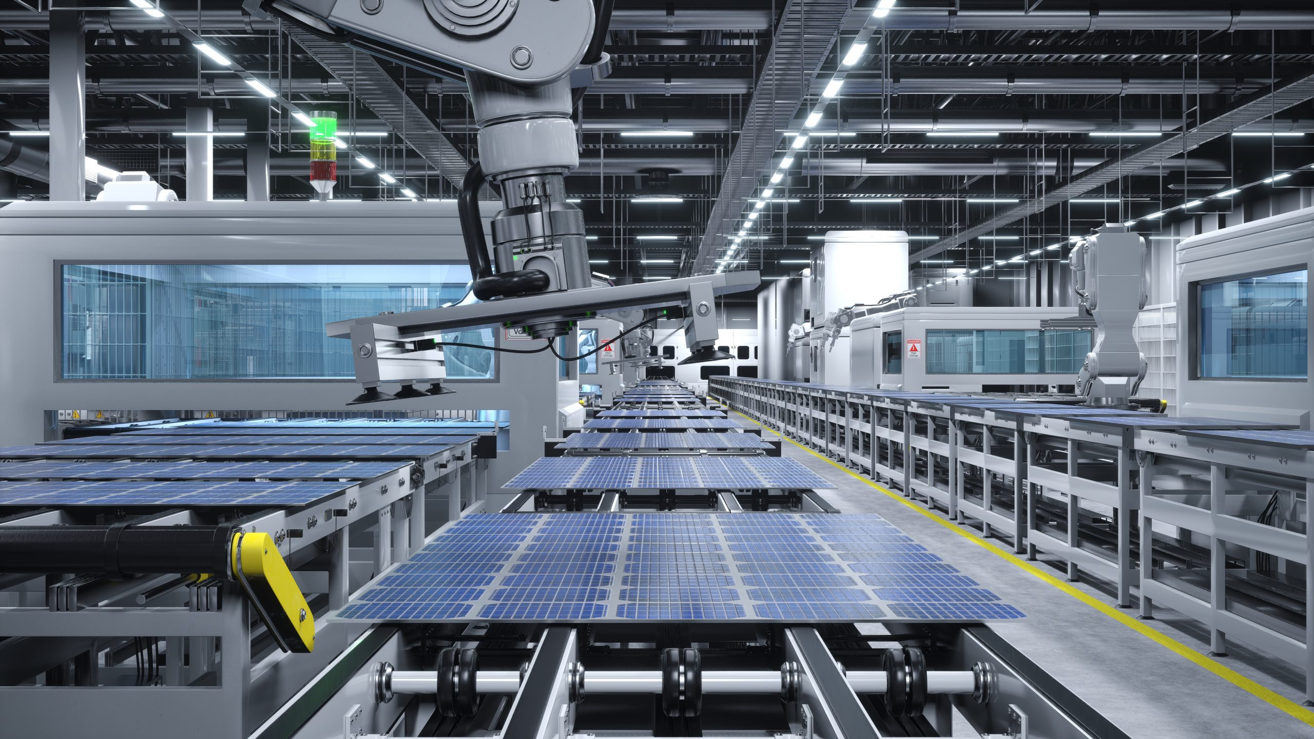 solar,panel,factory,with,robotic,arms,placing,pv,modules,on